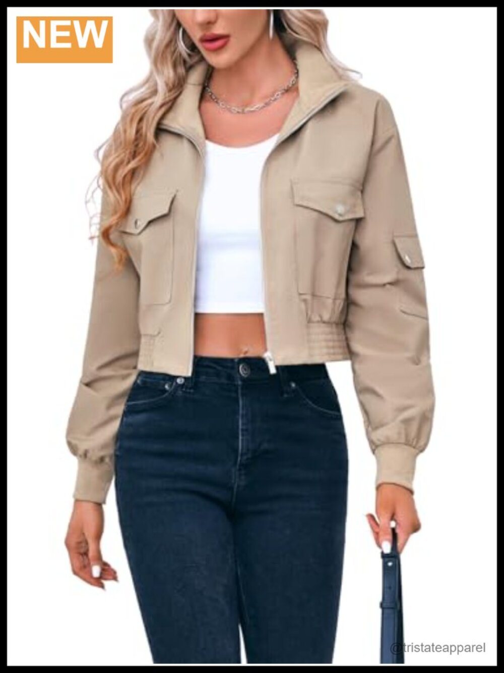 Lightweight Cropped Bomber Jacket Zip Up Stand Collar Utility